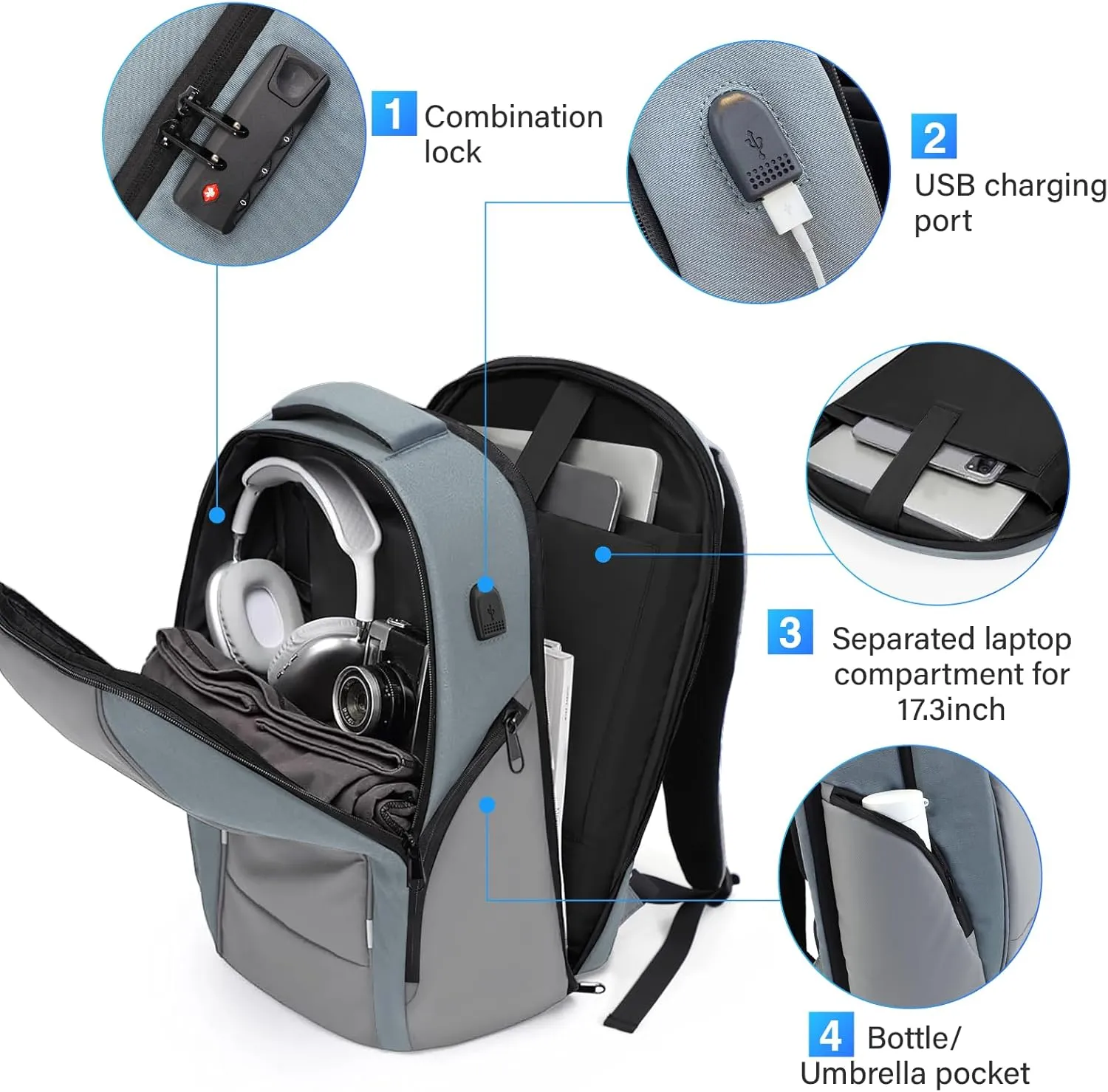 Laptop Backpack for Men,17.3 Inch Professional Backpack for Travel Carry on Flight Approved,Anti Theft Backpack with Lock and USB Charging Port(Grey)