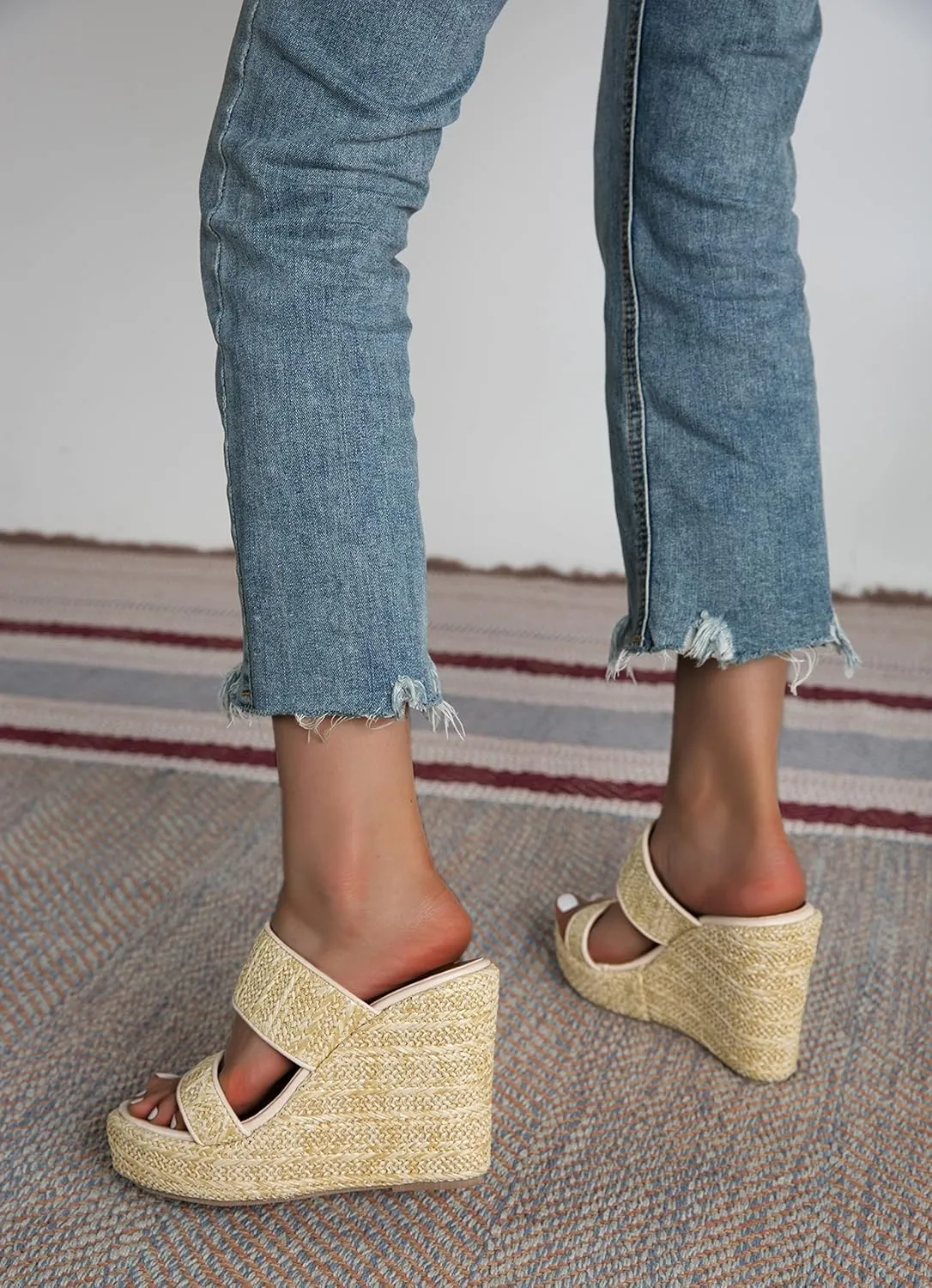 LizFoYa Women Woven Jute Braids Platform Sandal Shoes Two Straps Summer Comfort Espadrille Wedge Heels