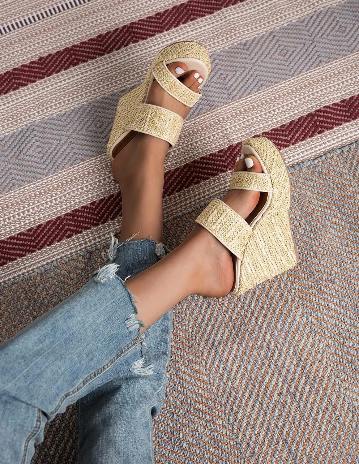 LizFoYa Women Woven Jute Braids Platform Sandal Shoes Two Straps Summer Comfort Espadrille Wedge Heels