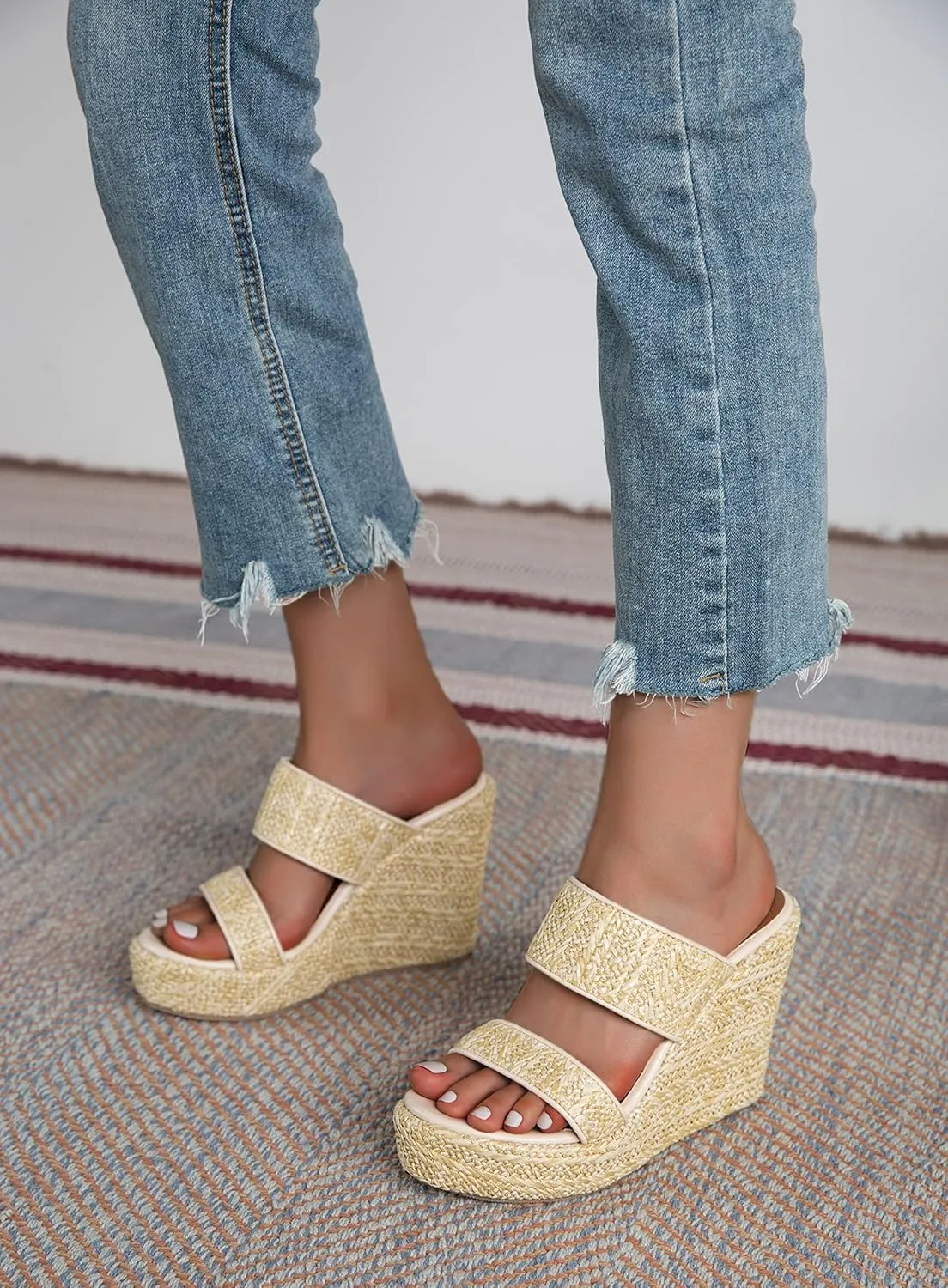 LizFoYa Women Woven Jute Braids Platform Sandal Shoes Two Straps Summer Comfort Espadrille Wedge Heels