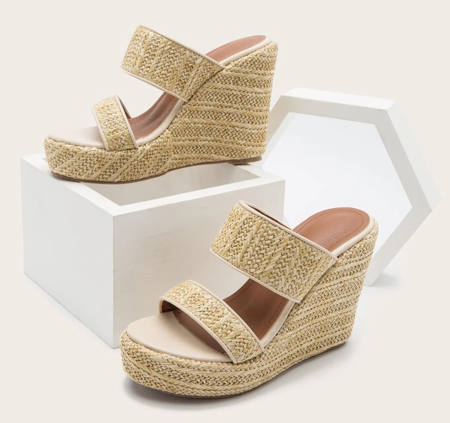 LizFoYa Women Woven Jute Braids Platform Sandal Shoes Two Straps Summer Comfort Espadrille Wedge Heels
