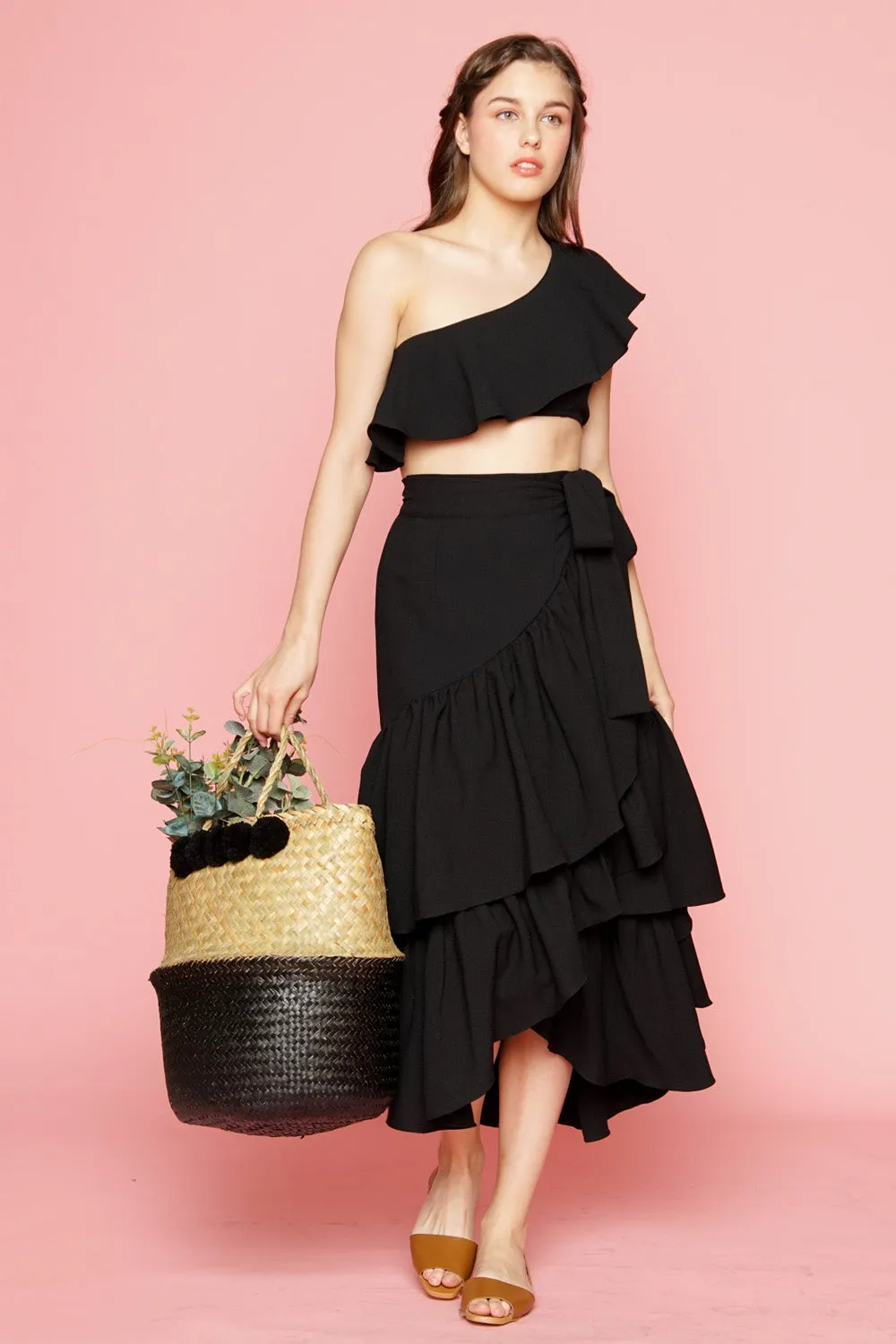 LOLITA Asymmetric Ruffle Crop Top (Black)