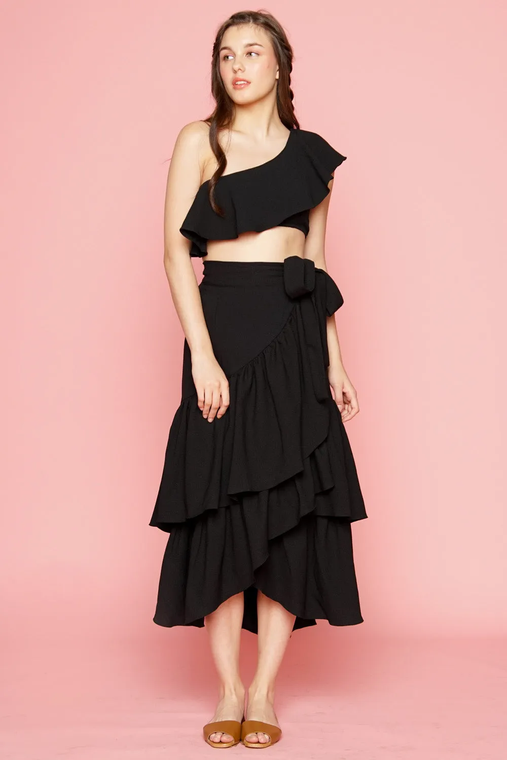 LOLITA Asymmetric Ruffle Crop Top (Black)