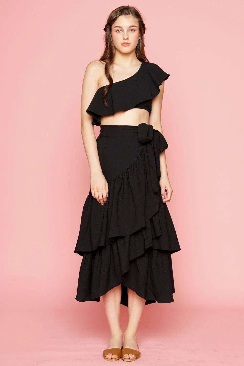 LOLITA Asymmetric Ruffle Crop Top (Black)