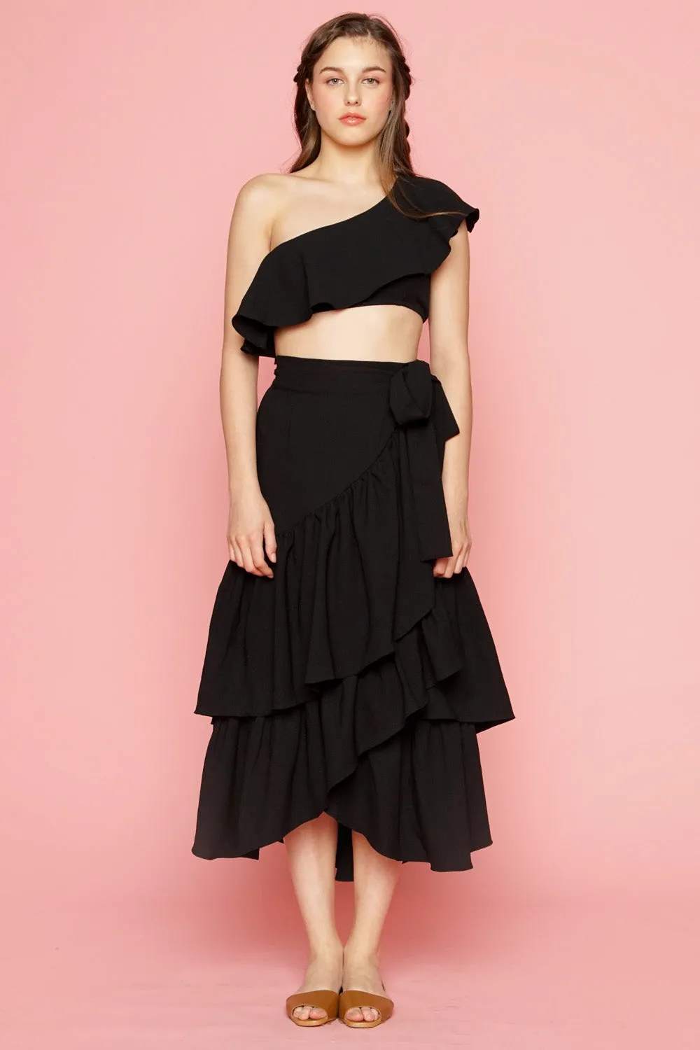 LOLITA Asymmetric Ruffle Crop Top (Black)