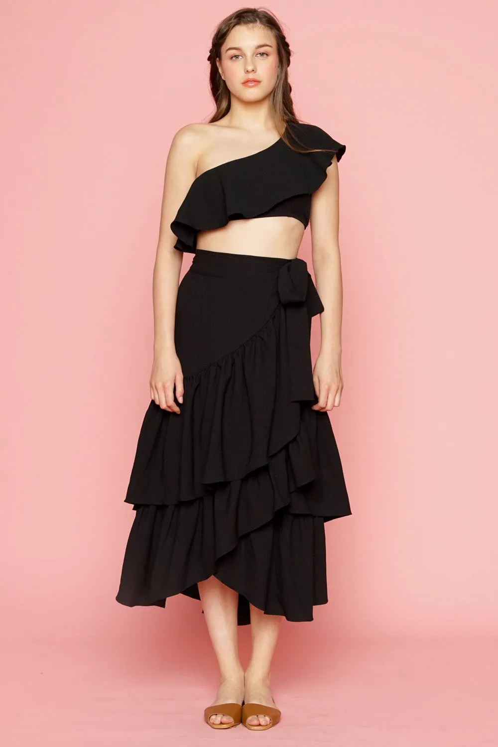 LOLITA Asymmetric Ruffle Crop Top (Black)