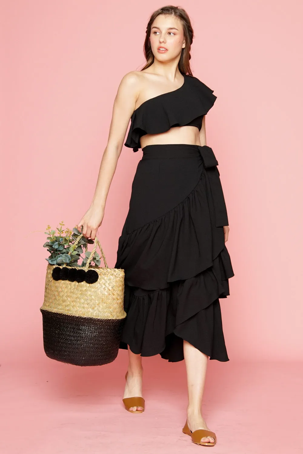 LOLITA Asymmetric Ruffle Crop Top (Black)