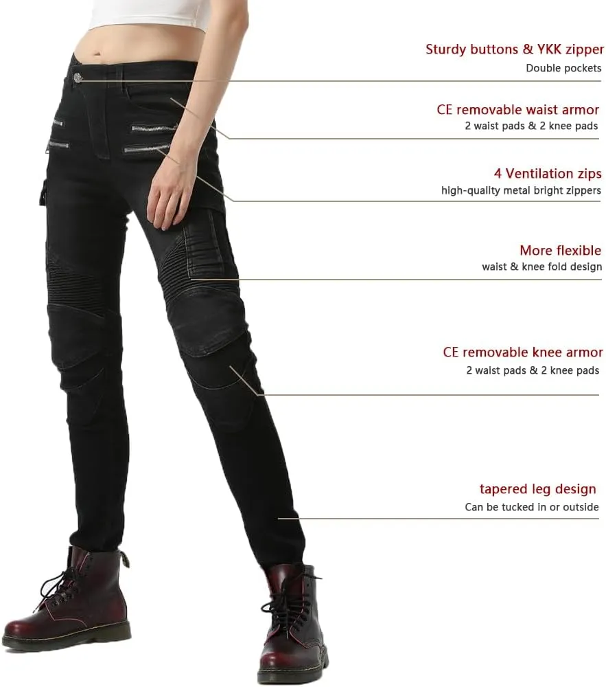 LOMENG Motorcycle Riding Pants Motocross Cycling Jeans Slim Stretch Pants CE Knee Hip Removable Armored for Women