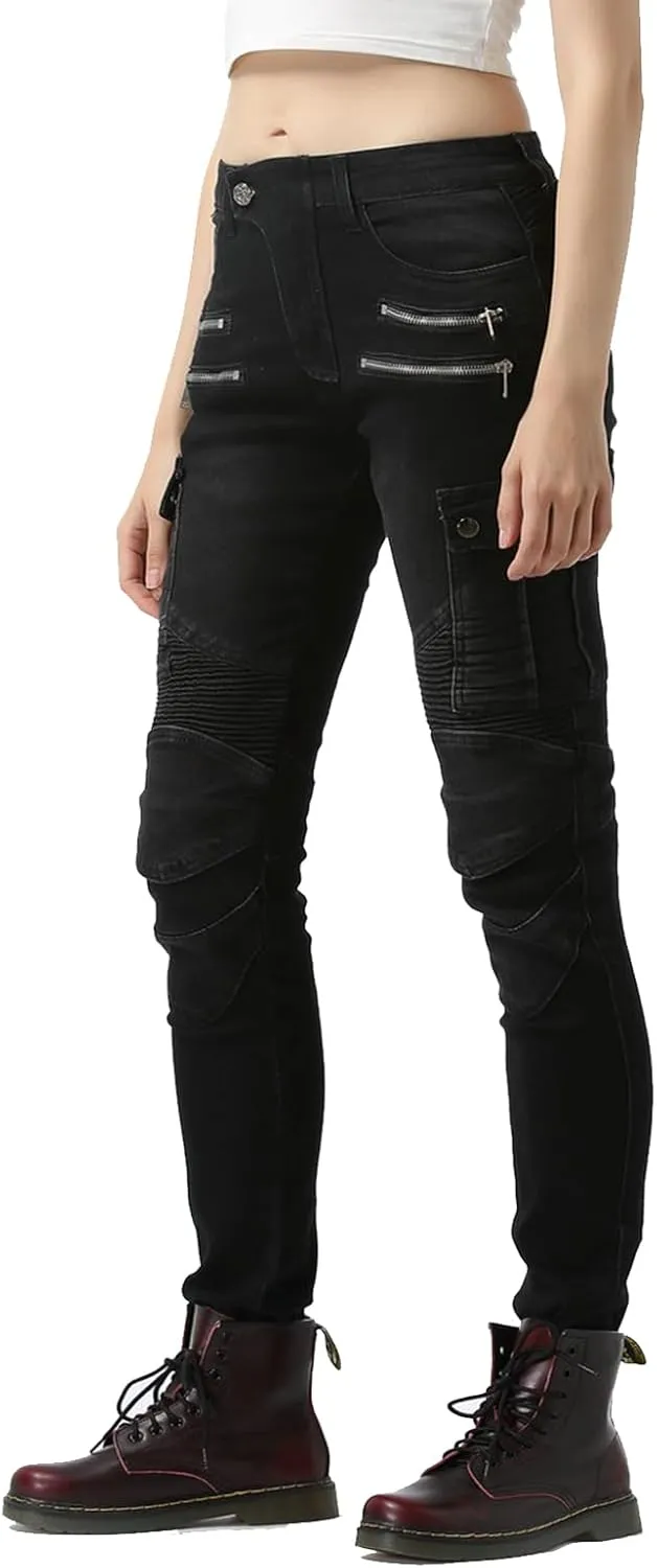 LOMENG Motorcycle Riding Pants Motocross Cycling Jeans Slim Stretch Pants CE Knee Hip Removable Armored for Women