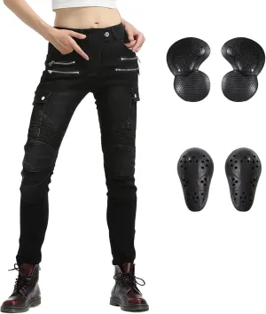 LOMENG Motorcycle Riding Pants Motocross Cycling Jeans Slim Stretch Pants CE Knee Hip Removable Armored for Women