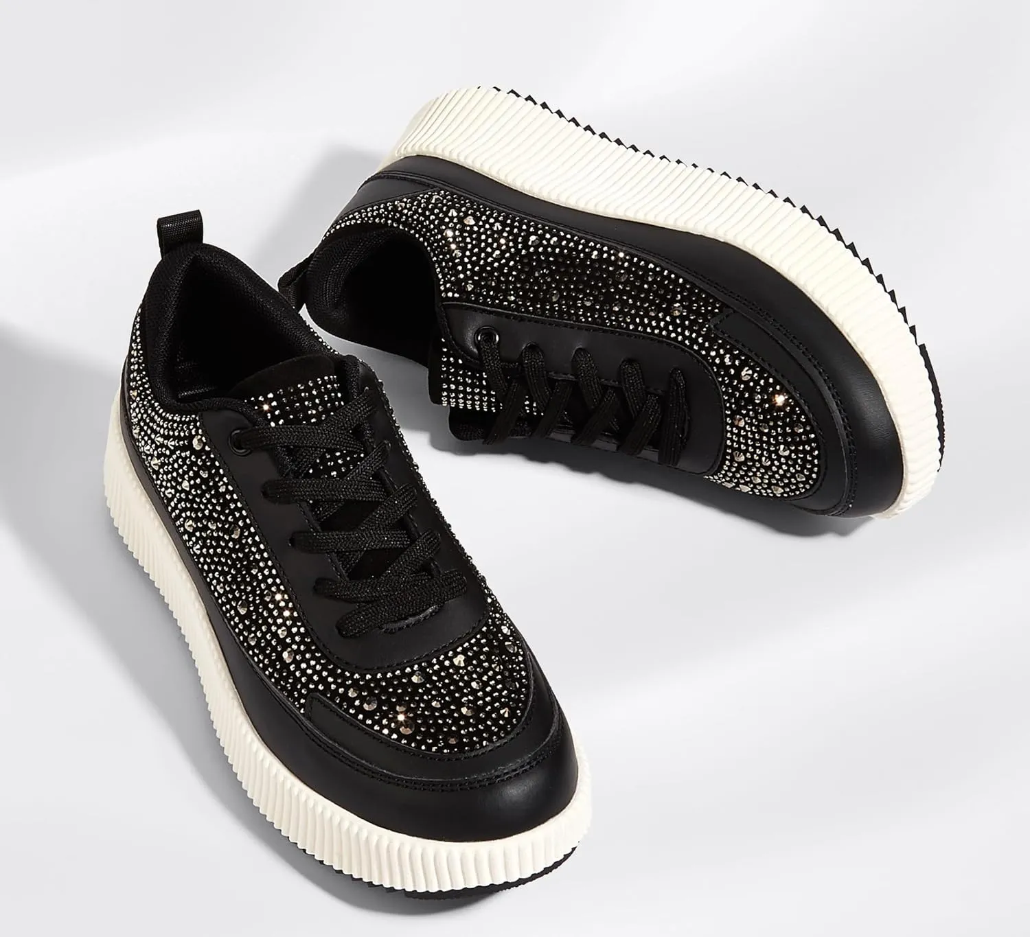 LUCKY STEP Women's Platform Sneakers Rhinestone Fashion Chunky Casual Sparkly Retro Braided Walking Shoes