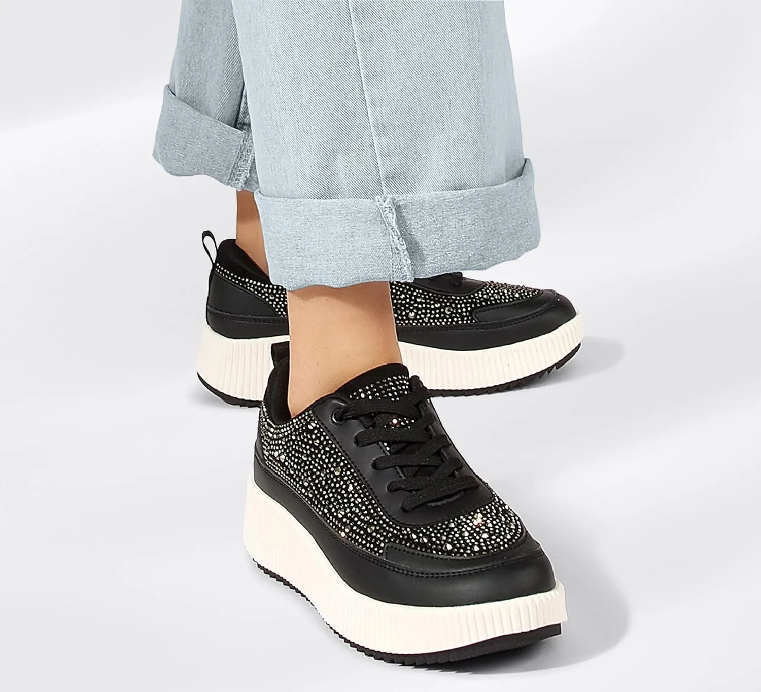 LUCKY STEP Women's Platform Sneakers Rhinestone Fashion Chunky Casual Sparkly Retro Braided Walking Shoes