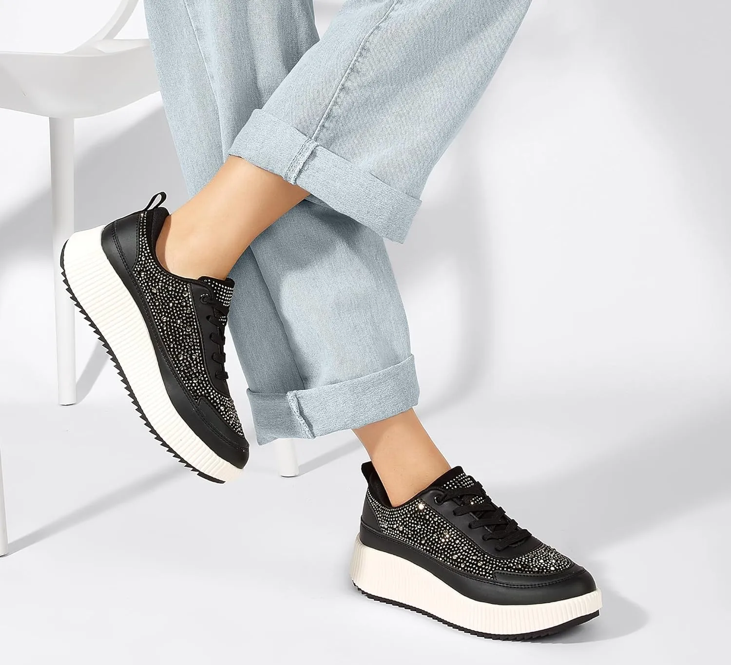 LUCKY STEP Women's Platform Sneakers Rhinestone Fashion Chunky Casual Sparkly Retro Braided Walking Shoes