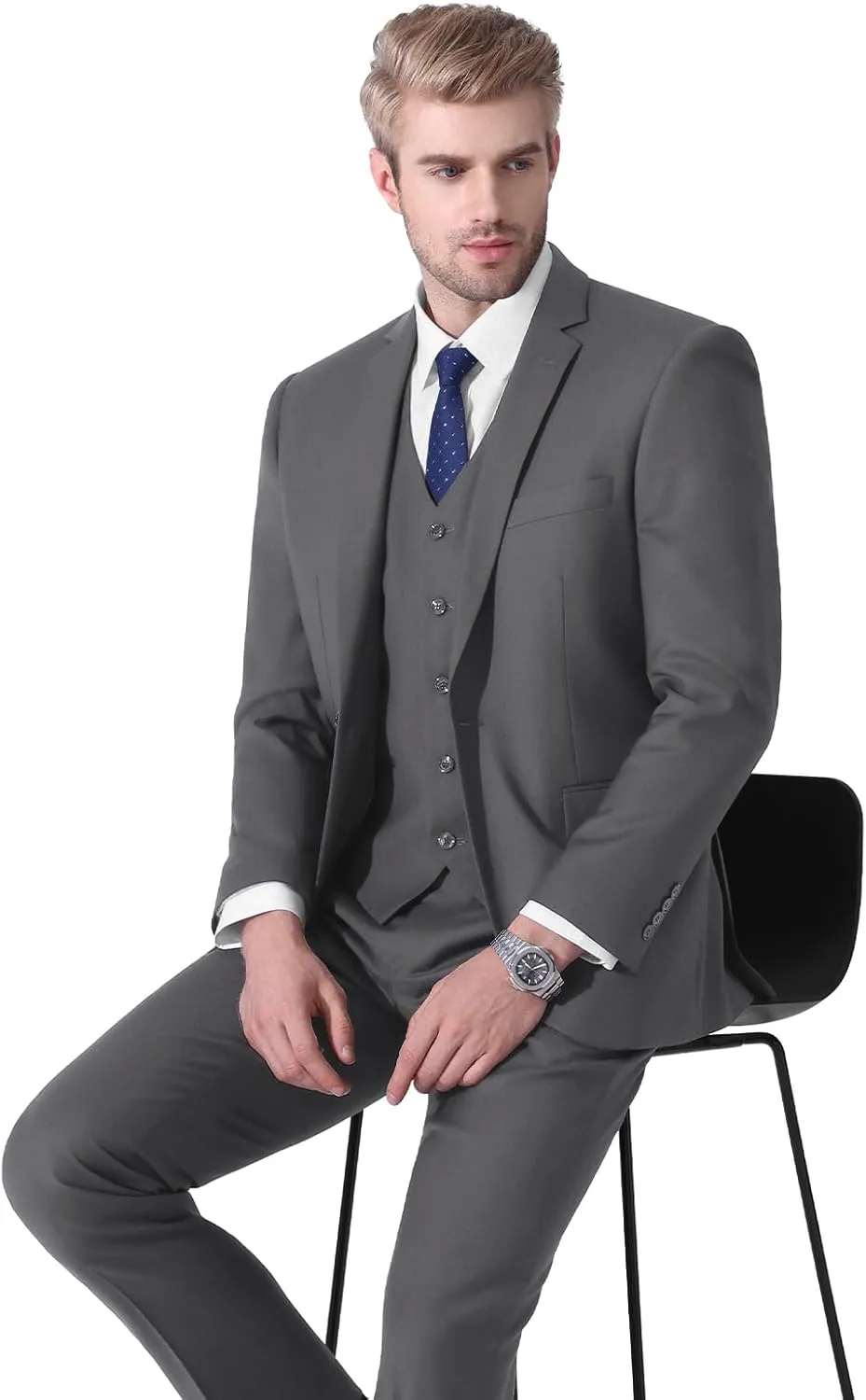 LUPURTY Suits for Men, 3 Piece Men's Suit Slim Fit, Solid Jacket Vest Pants with Tie, One Button Tuxedo Set