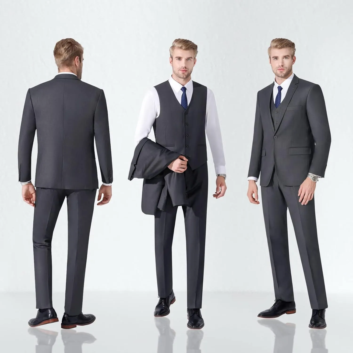 LUPURTY Suits for Men, 3 Piece Men's Suit Slim Fit, Solid Jacket Vest Pants with Tie, One Button Tuxedo Set