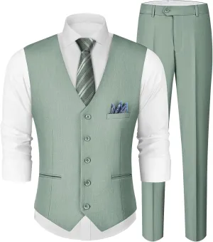 MAGE MALE Men's Linen 2 Piece Suit Slim Fit Wedding Groomsmen Summer Vest Pants Set with Pocket Square