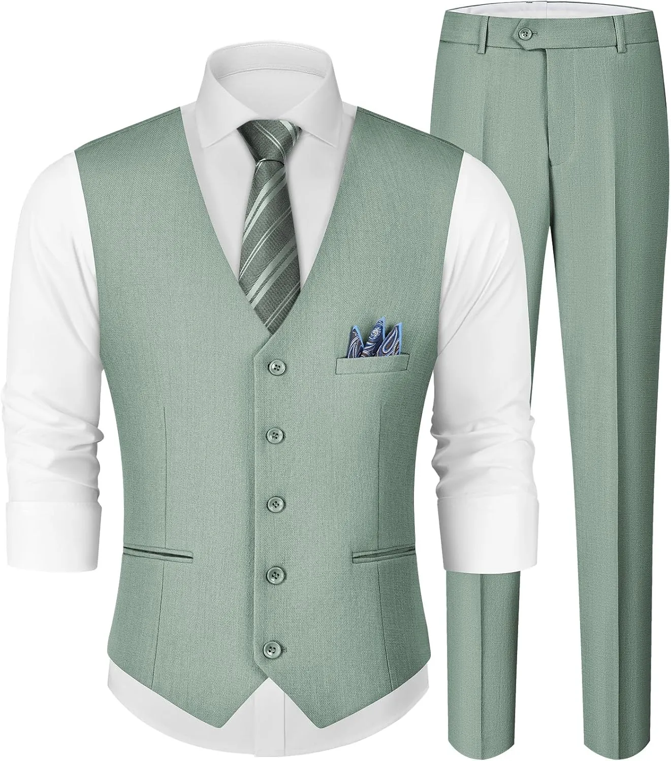MAGE MALE Men's Linen 2 Piece Suit Slim Fit Wedding Groomsmen Summer Vest Pants Set with Pocket Square