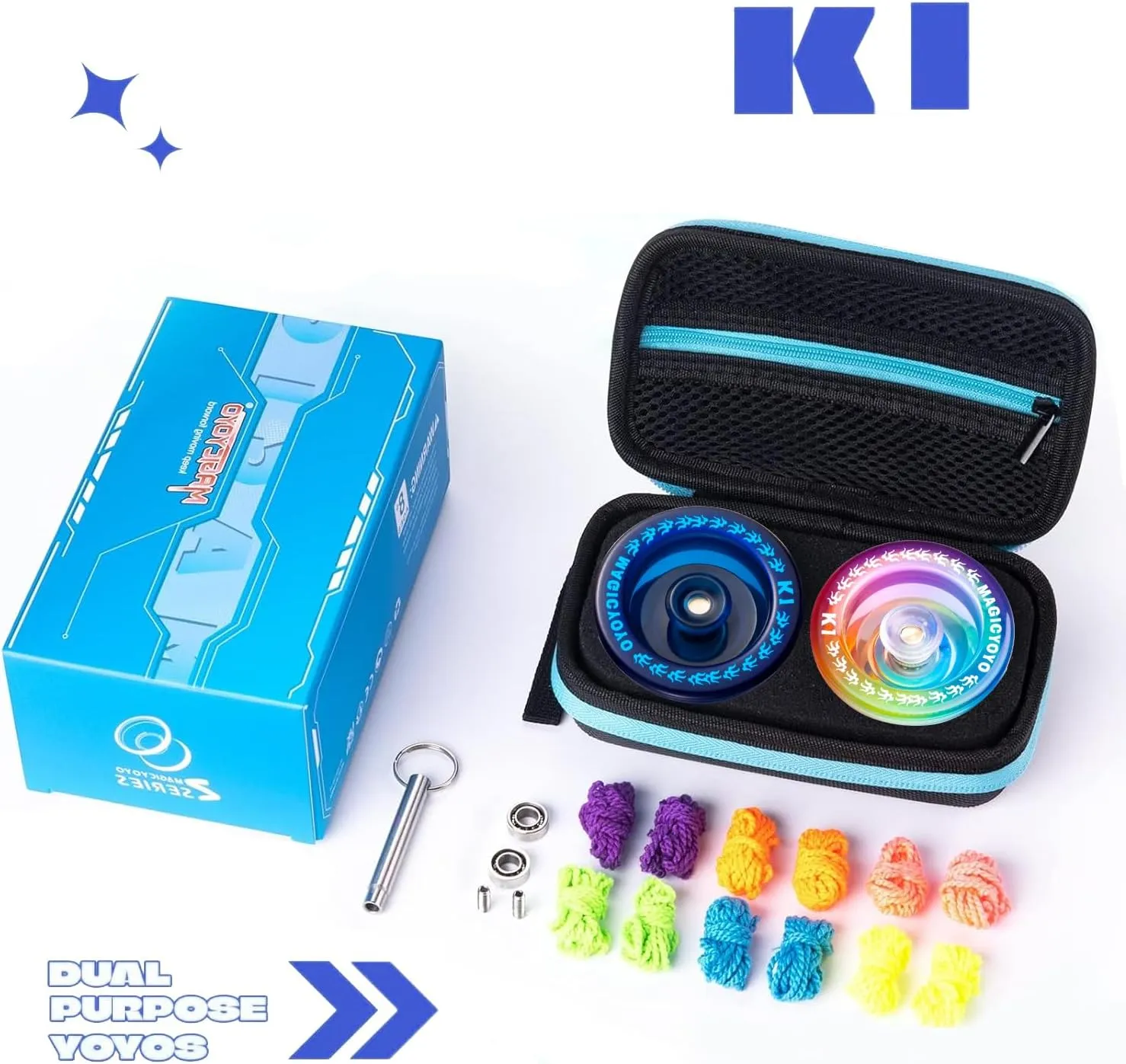 MAGICYOYO K1 Pack of 2 Yoyos for Kids, Responsive YoYos with Yoyo Storage Case,12 Strings and Unresponsive Bearing Kit for Dual Purpose Use ( Dark Blue & Blue Pink Yellow)