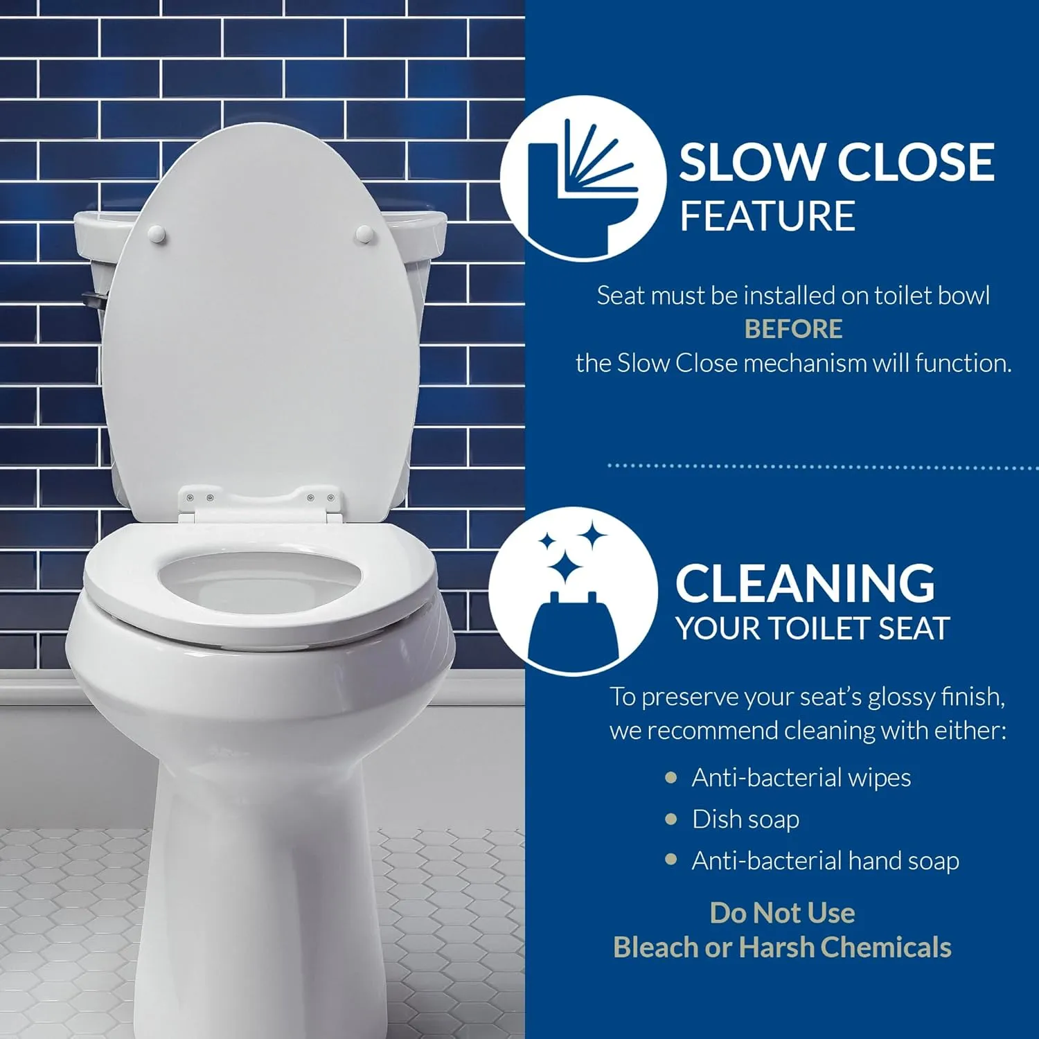 Mayfair Cassel Slow Close Toilet Seat, Easy Clean, Non Slip Premium Wood Seat, Easy Install, Elongated, White
