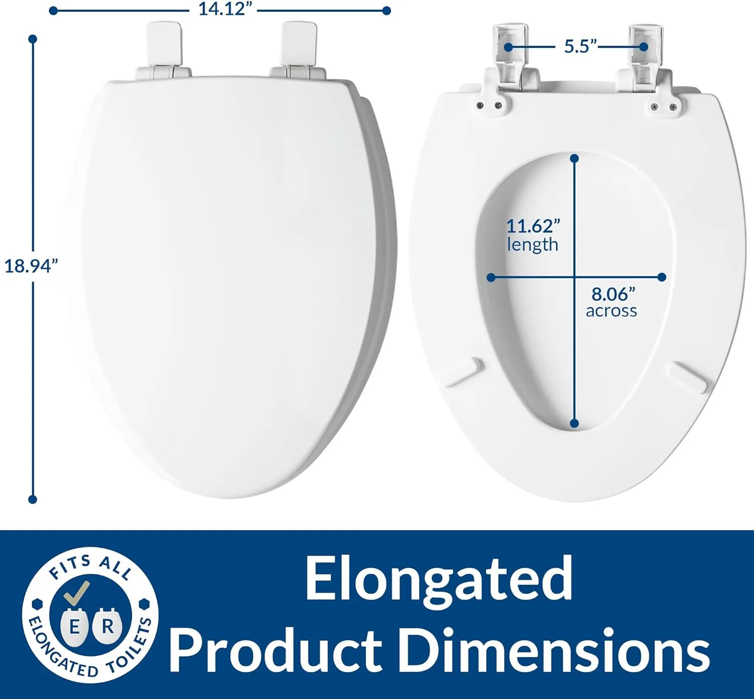 Mayfair Cassel Slow Close Toilet Seat, Easy Clean, Non Slip Premium Wood Seat, Easy Install, Elongated, White