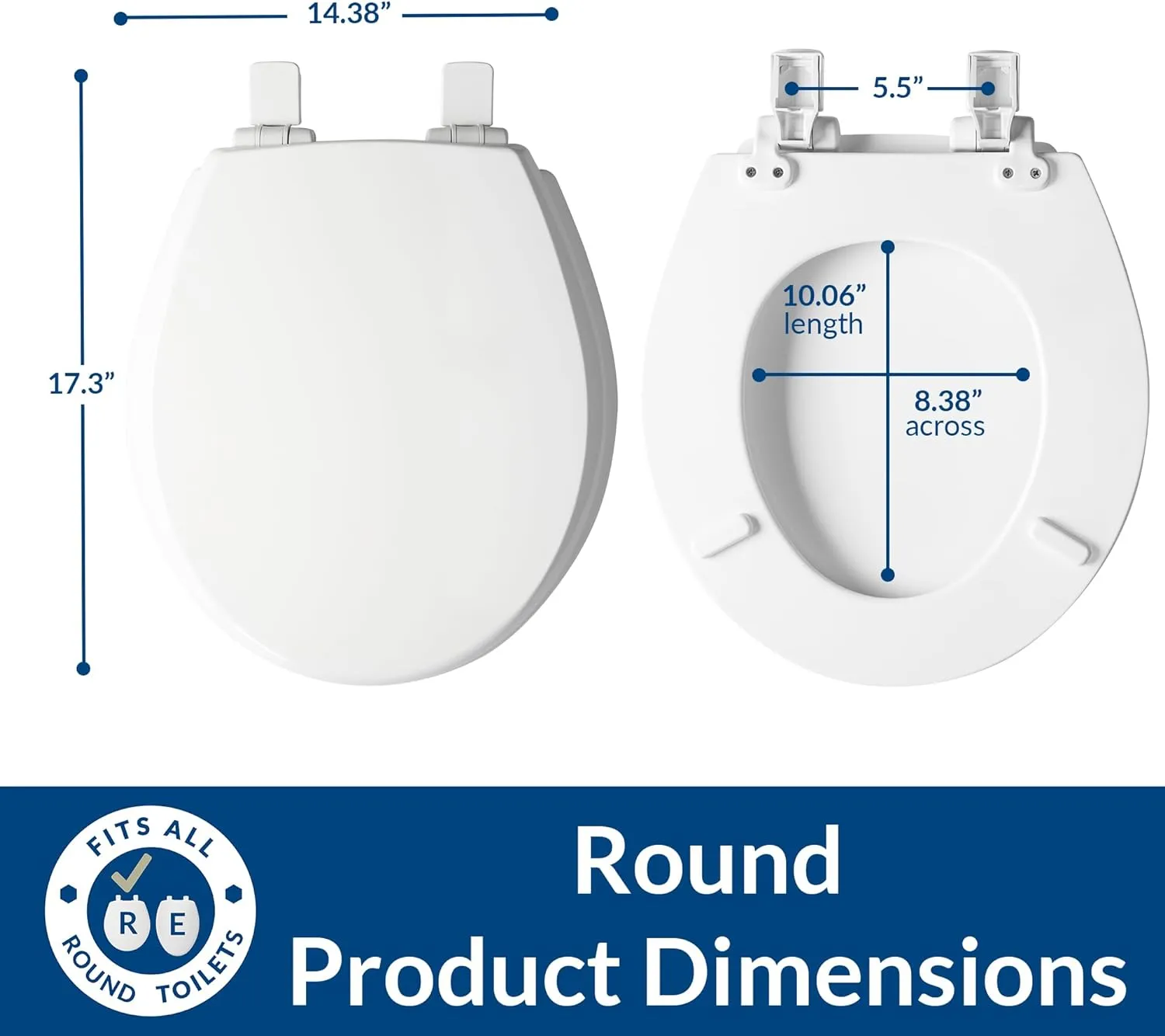 Mayfair Cassel Slow Close Toilet Seat, Easy Clean, Non Slip Premium Wood Seat, Easy Install, Made in USA, Round, White