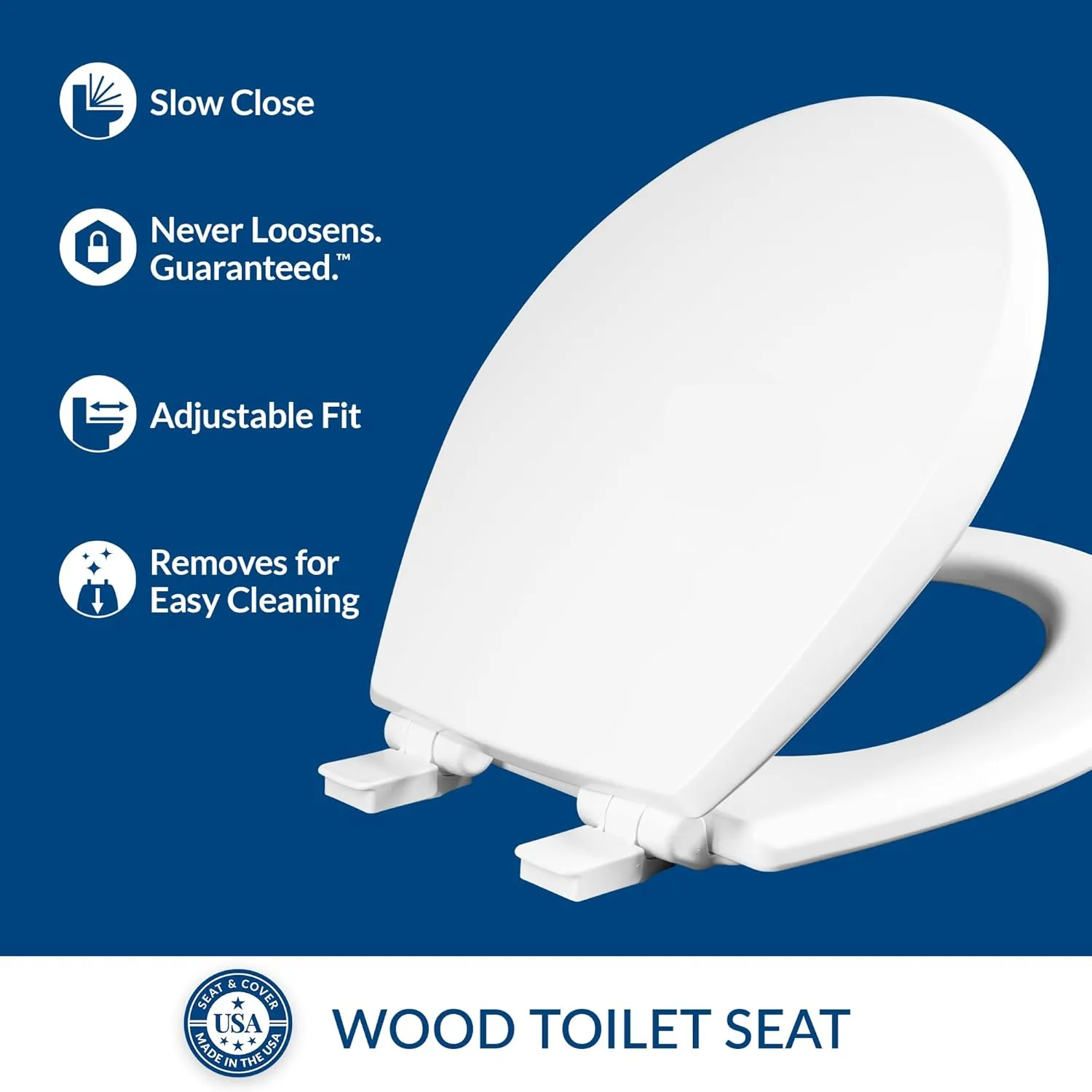 Mayfair Cassel Slow Close Toilet Seat, Easy Clean, Non Slip Premium Wood Seat, Easy Install, Made in USA, Round, White