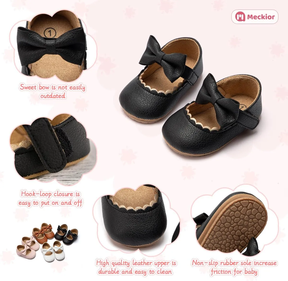 Meckior Infant Baby Girls Soft Sole Bowknot Princess Wedding Dress Mary Jane Flats Prewalker Newborn Light Baby Sneaker Shoes