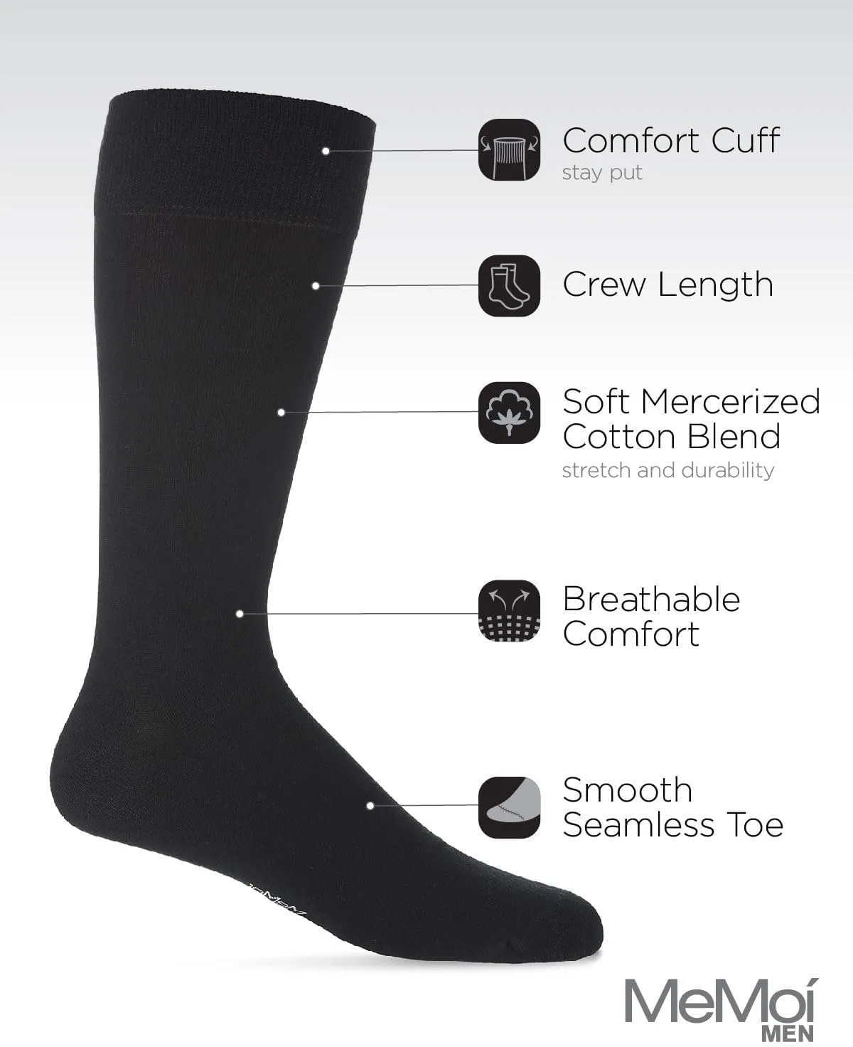 MeMoi Men's 3 Pair Pack Flat Knit Mercerized Cotton Crew Socks