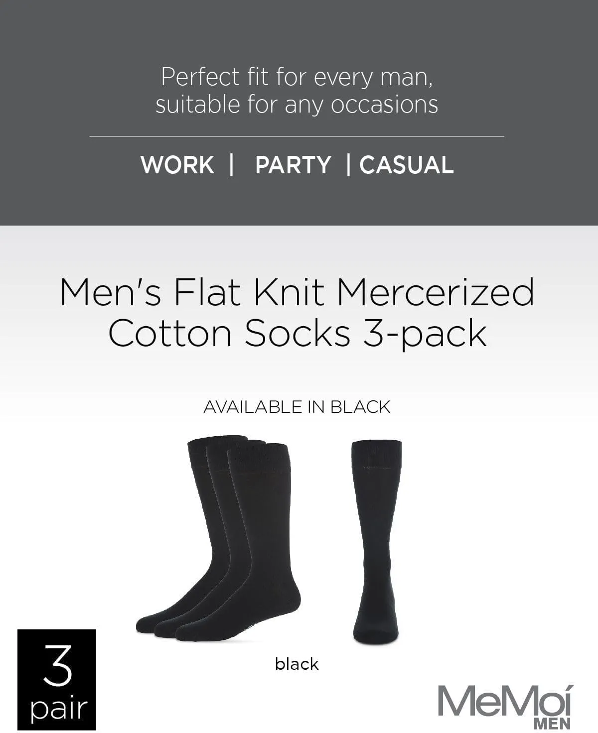 MeMoi Men's 3 Pair Pack Flat Knit Mercerized Cotton Crew Socks