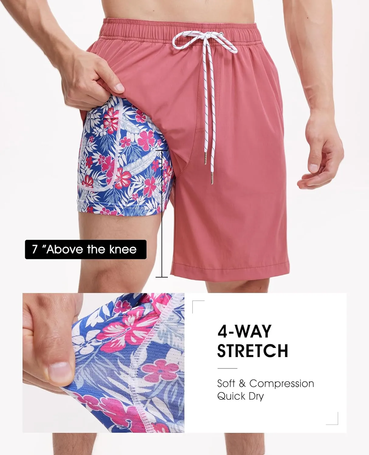Mens 7 Inch Swim Trunks with Compression Liner Stretch Quick Dry Swim Shorts Swimsuits with Pockets