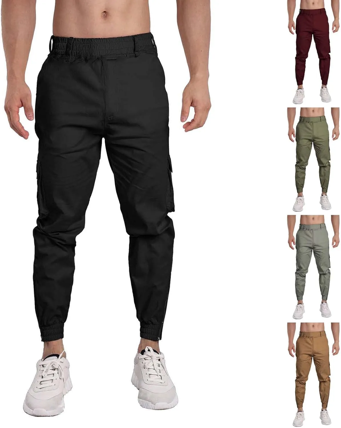 Men's Casual Active Cargo Pants Slim Fit Tapered Zip Up Bottom Joggers Elastic Waist Running Sweatpants with Pockets
