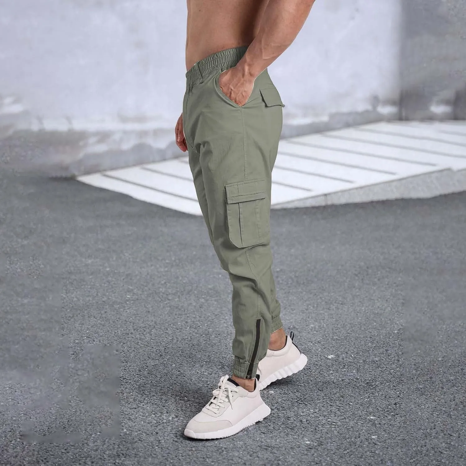 Men's Casual Active Cargo Pants Slim Fit Tapered Zip Up Bottom Joggers Elastic Waist Running Sweatpants with Pockets