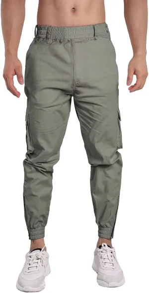 Men's Casual Active Cargo Pants Slim Fit Tapered Zip Up Bottom Joggers Elastic Waist Running Sweatpants with Pockets