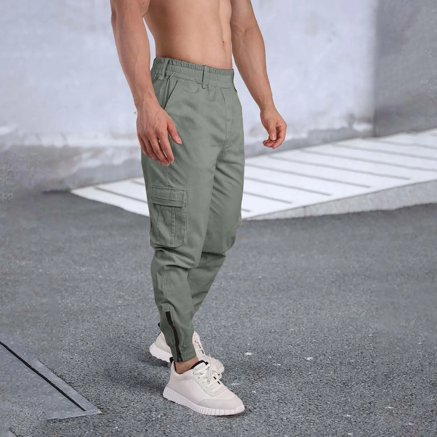 Men's Casual Active Cargo Pants Slim Fit Tapered Zip Up Bottom Joggers Elastic Waist Running Sweatpants with Pockets
