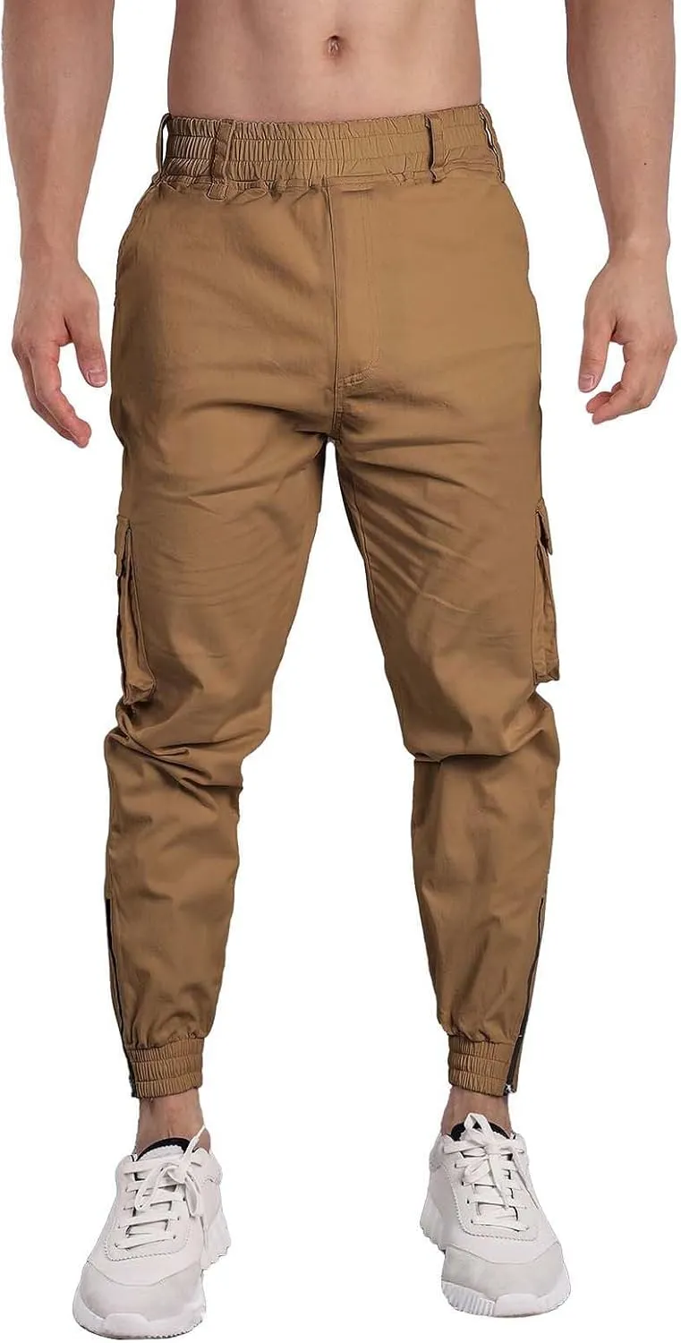 Men's Casual Active Cargo Pants Slim Fit Tapered Zip Up Bottom Joggers Elastic Waist Running Sweatpants with Pockets