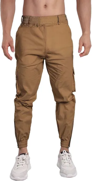 Men's Casual Active Cargo Pants Slim Fit Tapered Zip Up Bottom Joggers Elastic Waist Running Sweatpants with Pockets