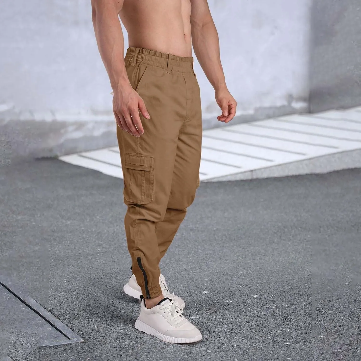 Men's Casual Active Cargo Pants Slim Fit Tapered Zip Up Bottom Joggers Elastic Waist Running Sweatpants with Pockets
