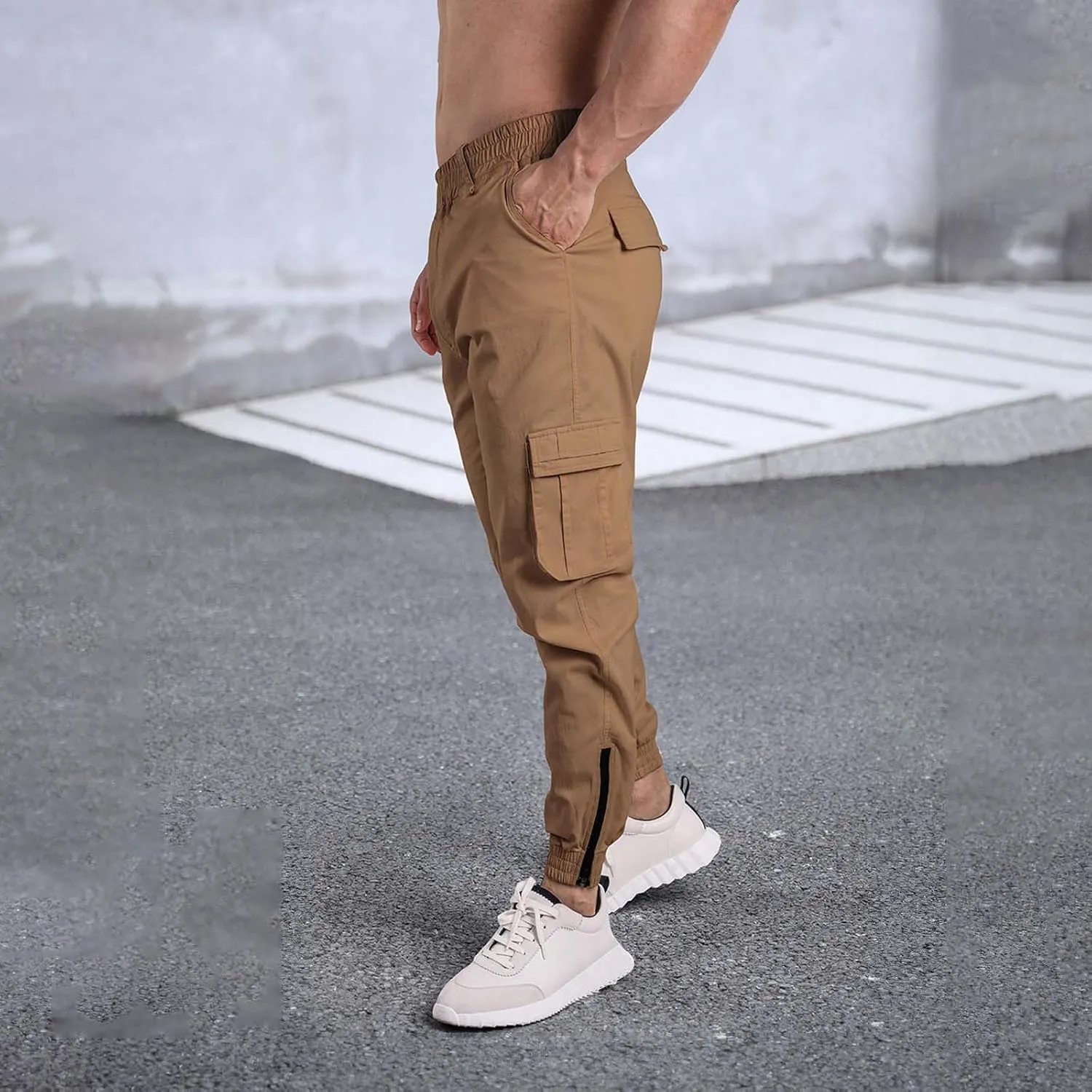 Men's Casual Active Cargo Pants Slim Fit Tapered Zip Up Bottom Joggers Elastic Waist Running Sweatpants with Pockets