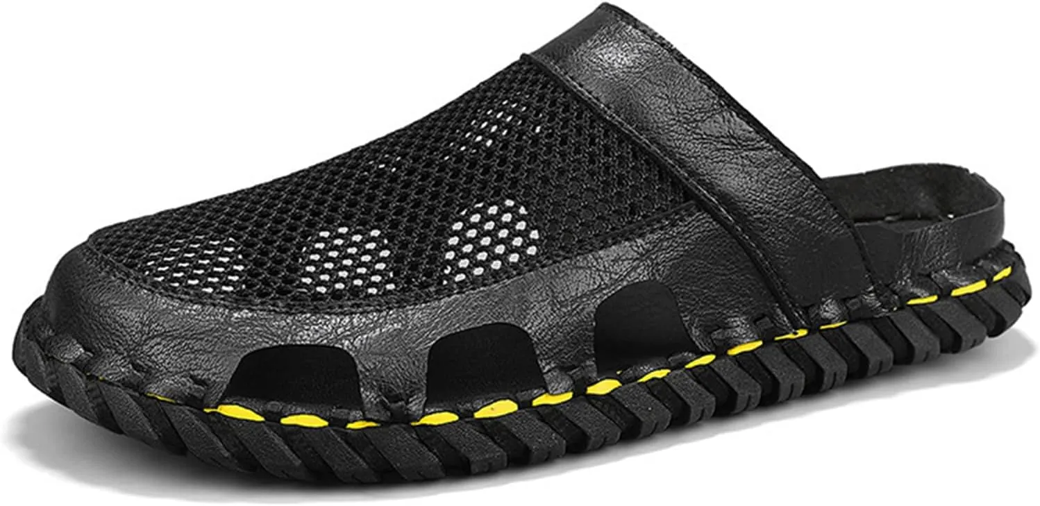 Men's Closed Flat Slippers Mesh Hollow Breathable Handmade Muller Clogs Leisure Outdoor Sports Walking Beach Waterproof Sandals