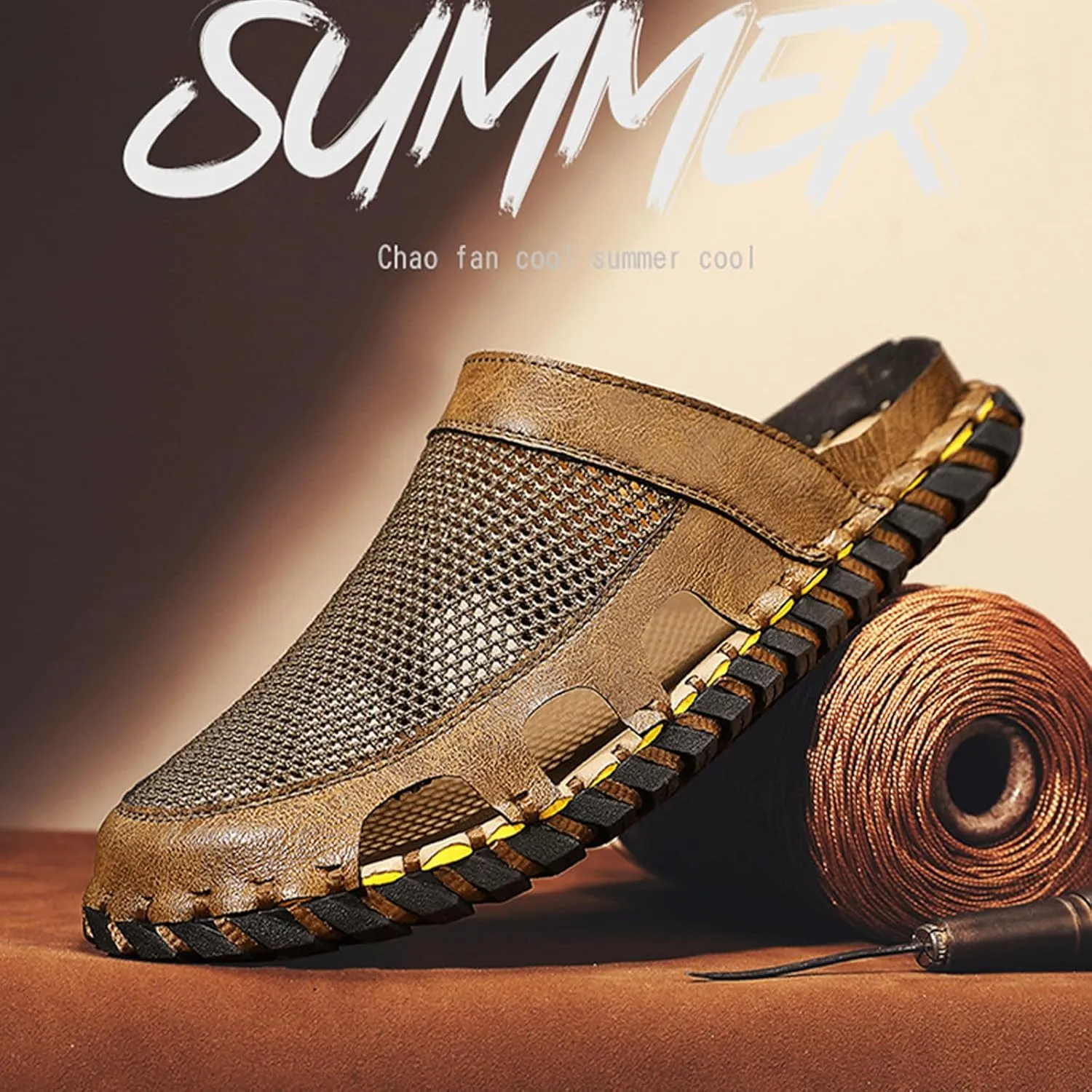 Men's Closed Flat Slippers Mesh Hollow Breathable Handmade Muller Clogs Leisure Outdoor Sports Walking Beach Waterproof Sandals