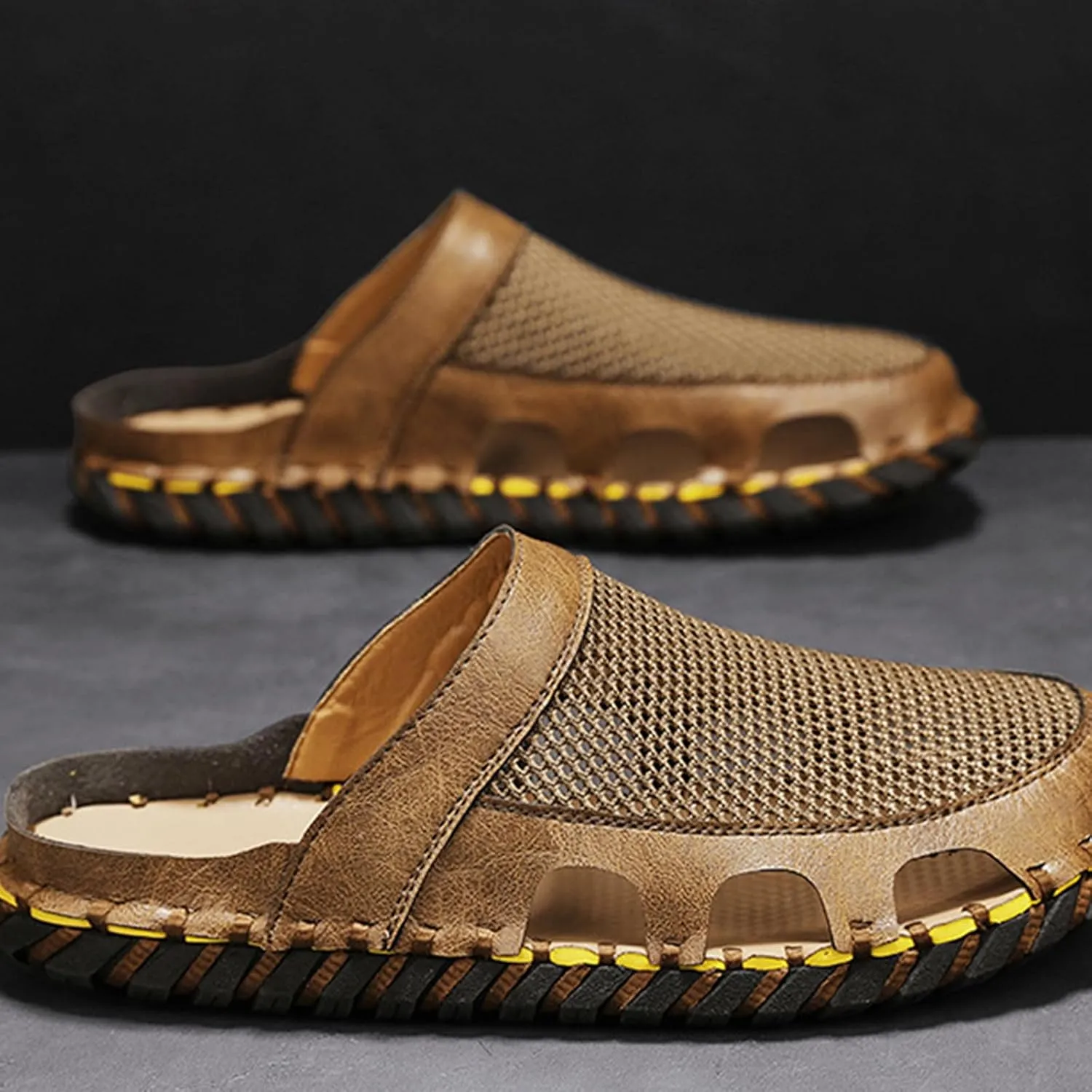 Men's Closed Flat Slippers Mesh Hollow Breathable Handmade Muller Clogs Leisure Outdoor Sports Walking Beach Waterproof Sandals