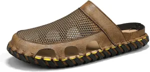 Men's Closed Flat Slippers Mesh Hollow Breathable Handmade Muller Clogs Leisure Outdoor Sports Walking Beach Waterproof Sandals
