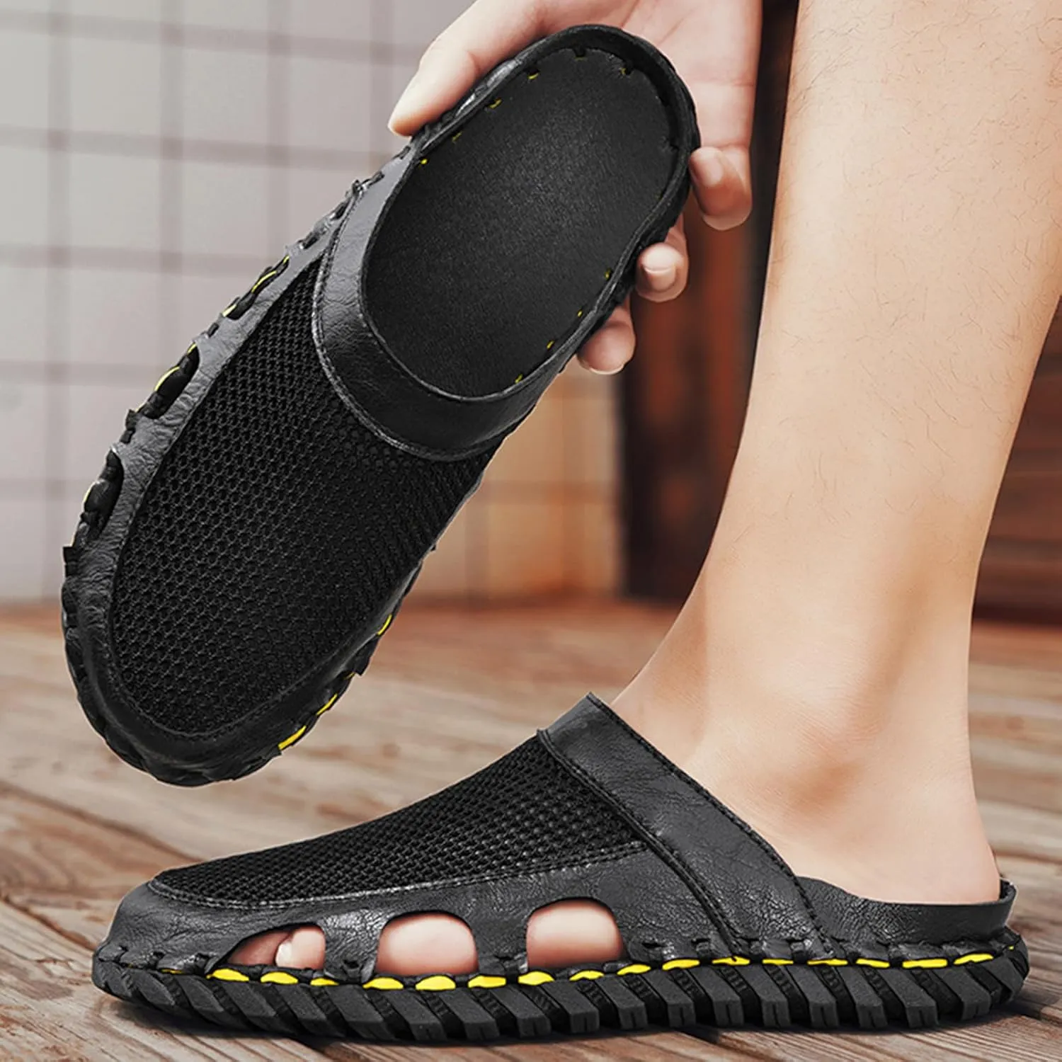 Men's Closed Flat Slippers Mesh Hollow Breathable Handmade Muller Clogs Leisure Outdoor Sports Walking Beach Waterproof Sandals