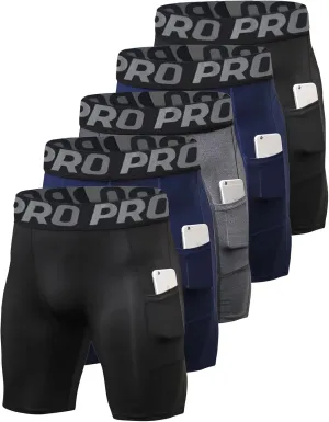 Mens Compression Running Shorts with Phone Pocket Athletic Gym Yoga Shorts Cool Dry Workout Underwear 3 Pack