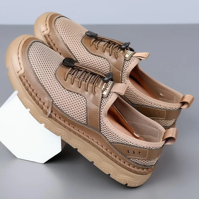 Men's Cutout Mesh Handmade Flat Casual Loafers Men's Leather Platform Chunky Penny Moccasins Breathable Wide Width Comfortable