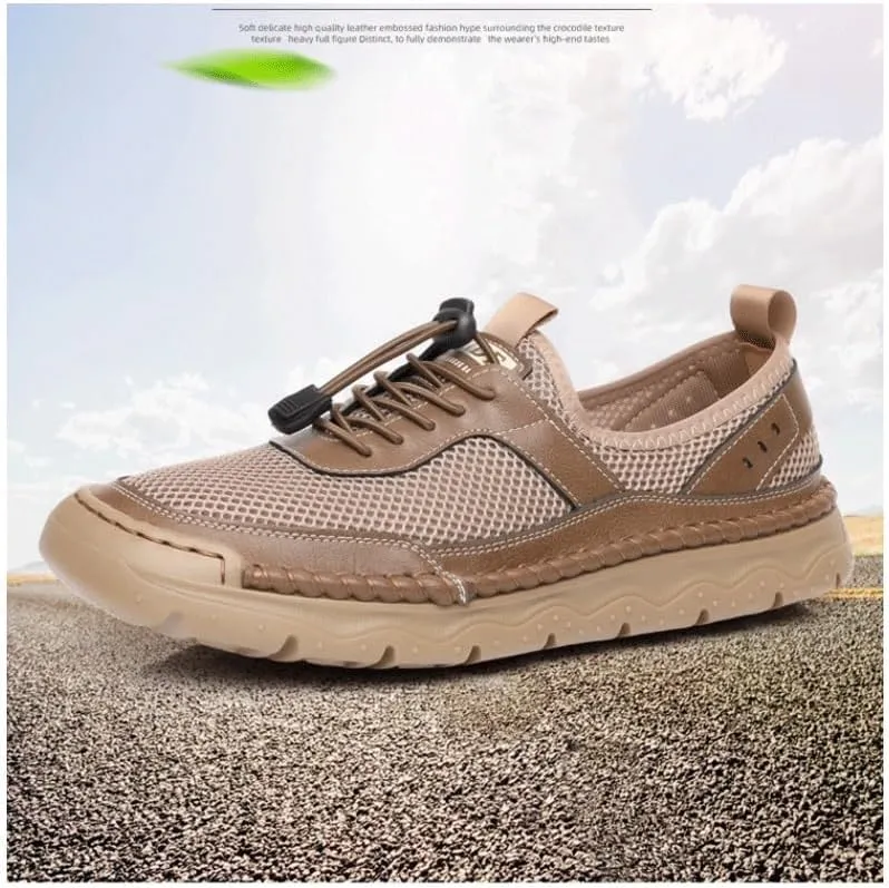 Men's Cutout Mesh Handmade Flat Casual Loafers Men's Leather Platform Chunky Penny Moccasins Breathable Wide Width Comfortable