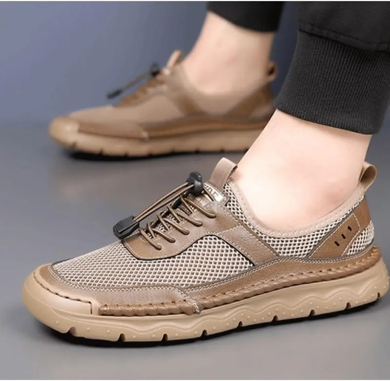 Men's Cutout Mesh Handmade Flat Casual Loafers Men's Leather Platform Chunky Penny Moccasins Breathable Wide Width Comfortable