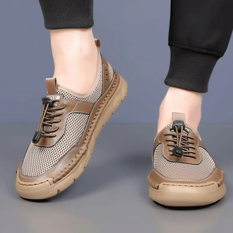 Men's Cutout Mesh Handmade Flat Casual Loafers Men's Leather Platform Chunky Penny Moccasins Breathable Wide Width Comfortable