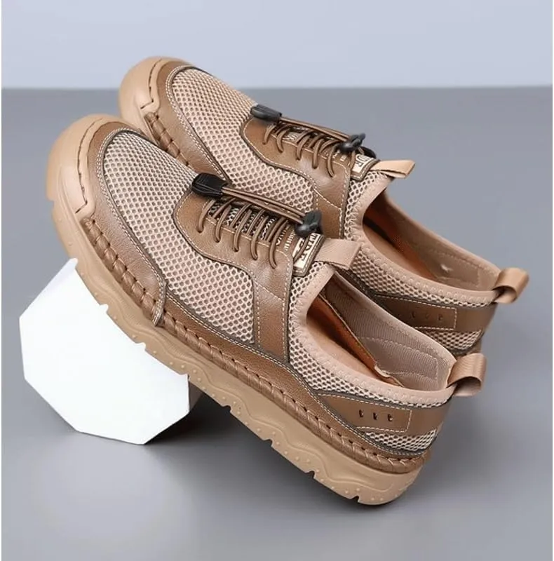 Men's Cutout Mesh Handmade Flat Casual Loafers Men's Leather Platform Chunky Penny Moccasins Breathable Wide Width Comfortable