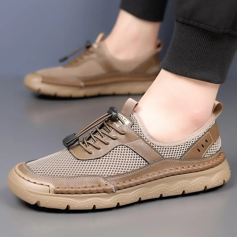 Men's Cutout Mesh Handmade Flat Casual Loafers Men's Leather Platform Chunky Penny Moccasins Breathable Wide Width Comfortable